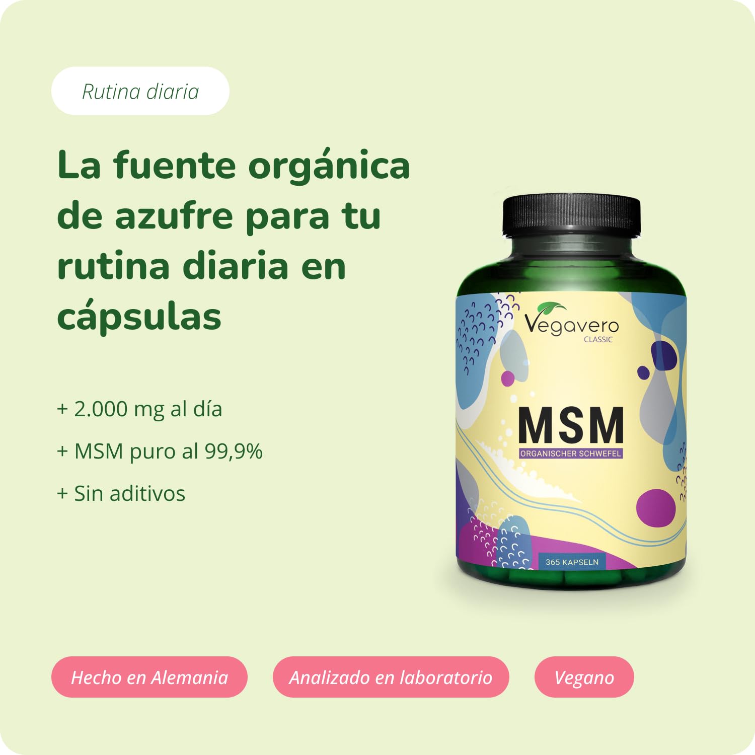 MSM 365 Cápsulas Vegavero | 99,9% Puro | 2000 mg | Sin Aditivos | Metilsulfonilmetano | Antiinflamatorio Natural + Articulaciones + Dolor Espalda | Vegano