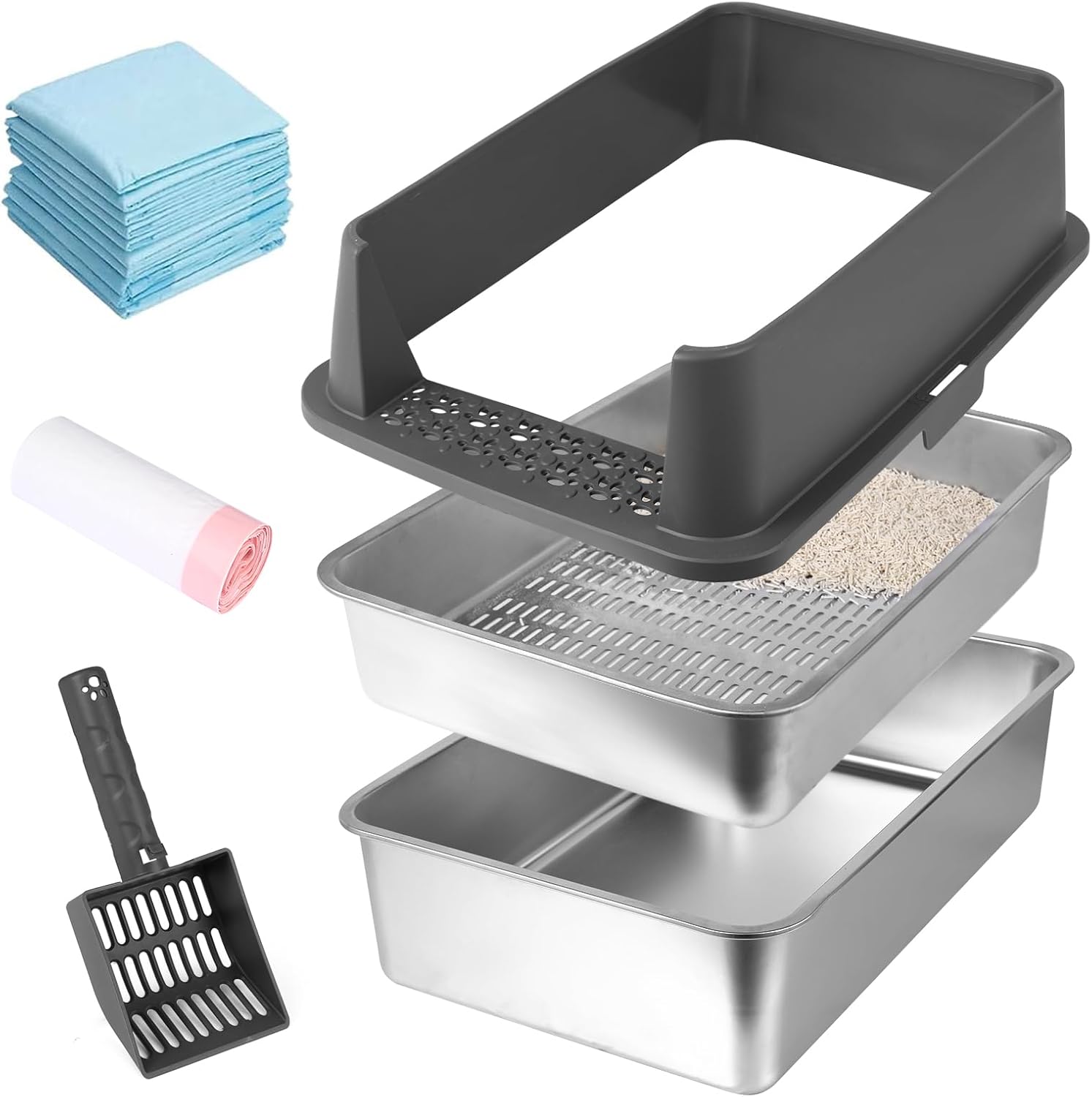 XL Stainless Steel Sifting Cat Litter Box with Lid, Sifting Litter Box for Pine Pellets, Metal Litter Pan with Scoop, Pad, Liners, High Sided Enclosure, Odor Control, Anti-Leakage