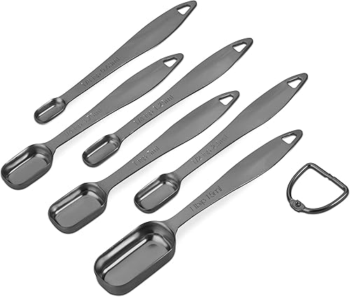 Miniatura 2 de Juego de 6 cucharas medidoras de acero inoxidable 188 precisas, resistente con buen mango, con conector de anillo, color gris oscuro