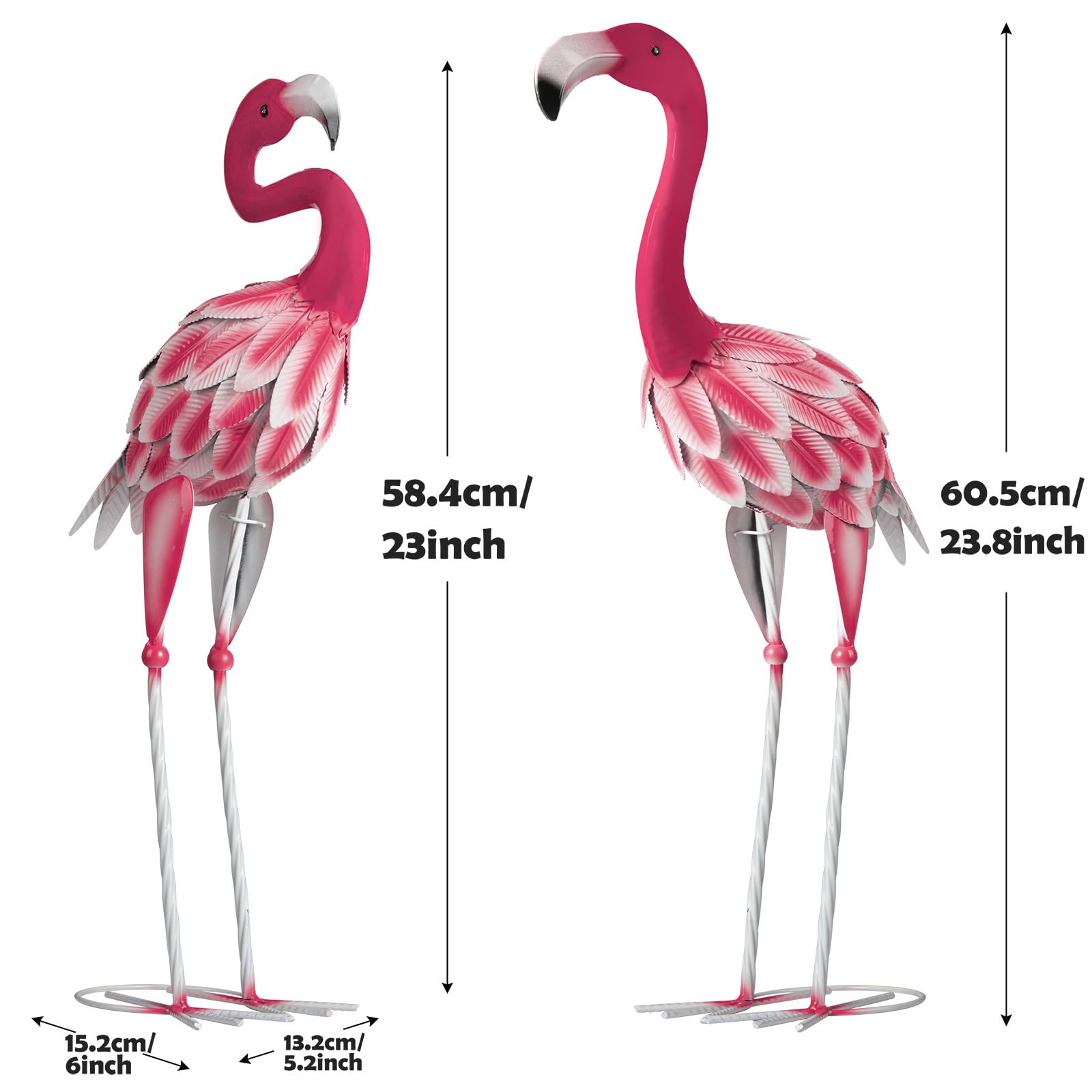 Lot de 2 statues d'art flamant rose en métal - Sculptures de jardin pour l'extérieur, maison, terrasse, pelouse, arrière-cour