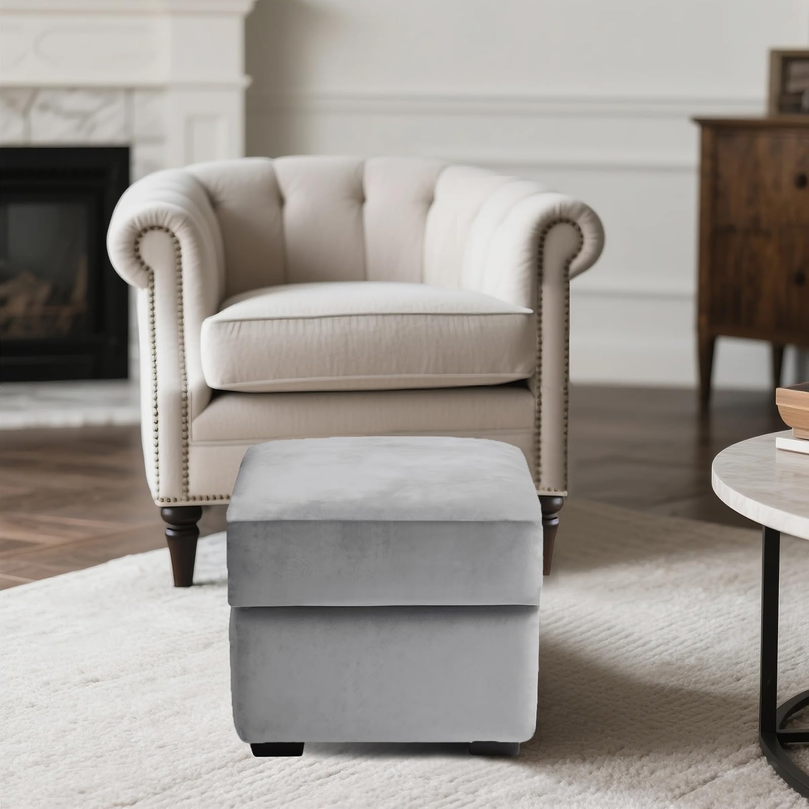 SYLC Ottoman Cover Stretch Velvet, Footstool Cover and Pouffe Cover Non-slip with Elastic Bottom/ties, Slipcover for Folding Storage Poofy Foot Stool (Light grey,Square-S Ottoman+Seat)