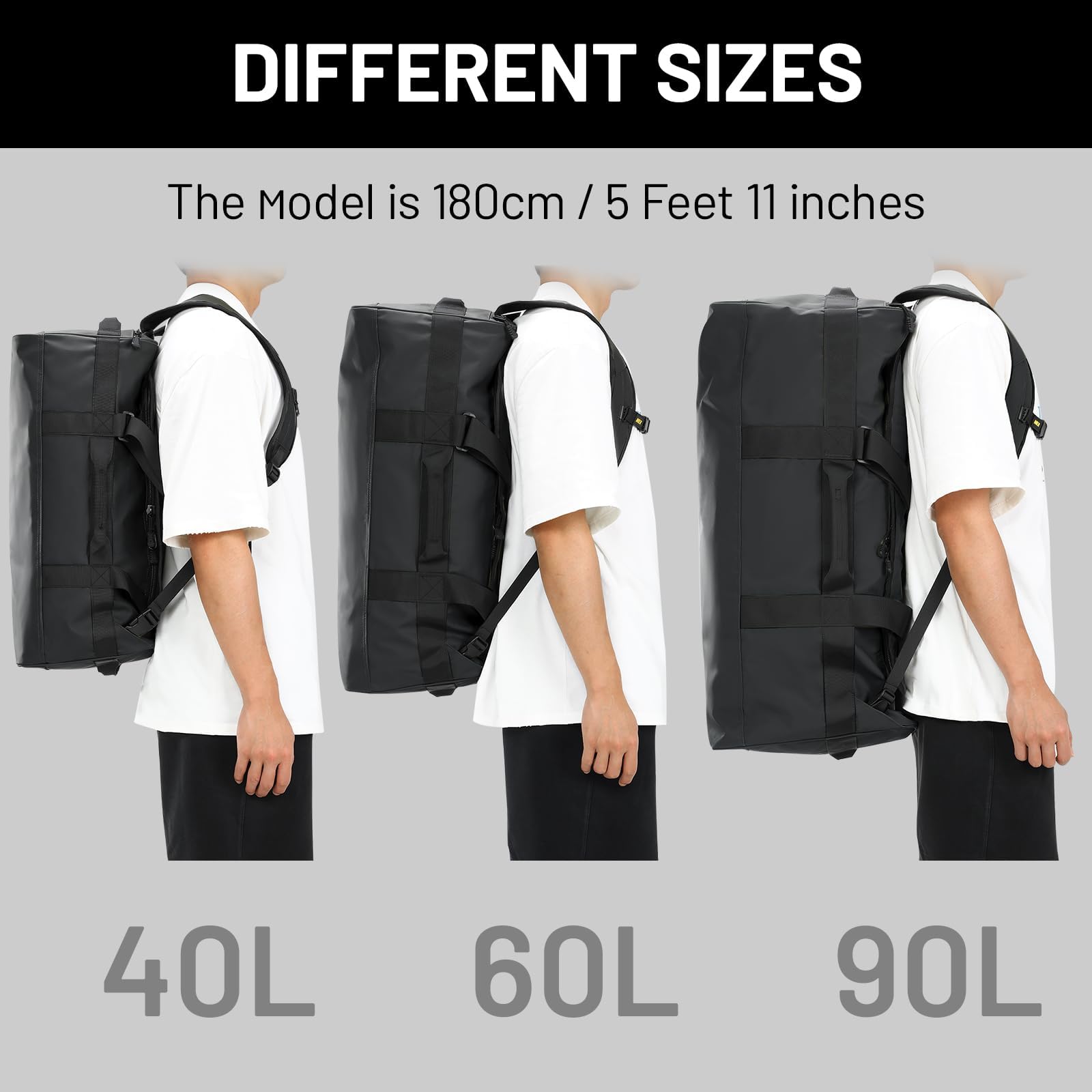 MIER Torba sportowa dla mężczyzn, wodoszczelna, duża, torba podróżna, Heavy Duty, przewijalna, z paskami na ramiona i przegródką na buty, do siłowni, sportu, podróży, torba Duffle, 60L/90L, czarny
