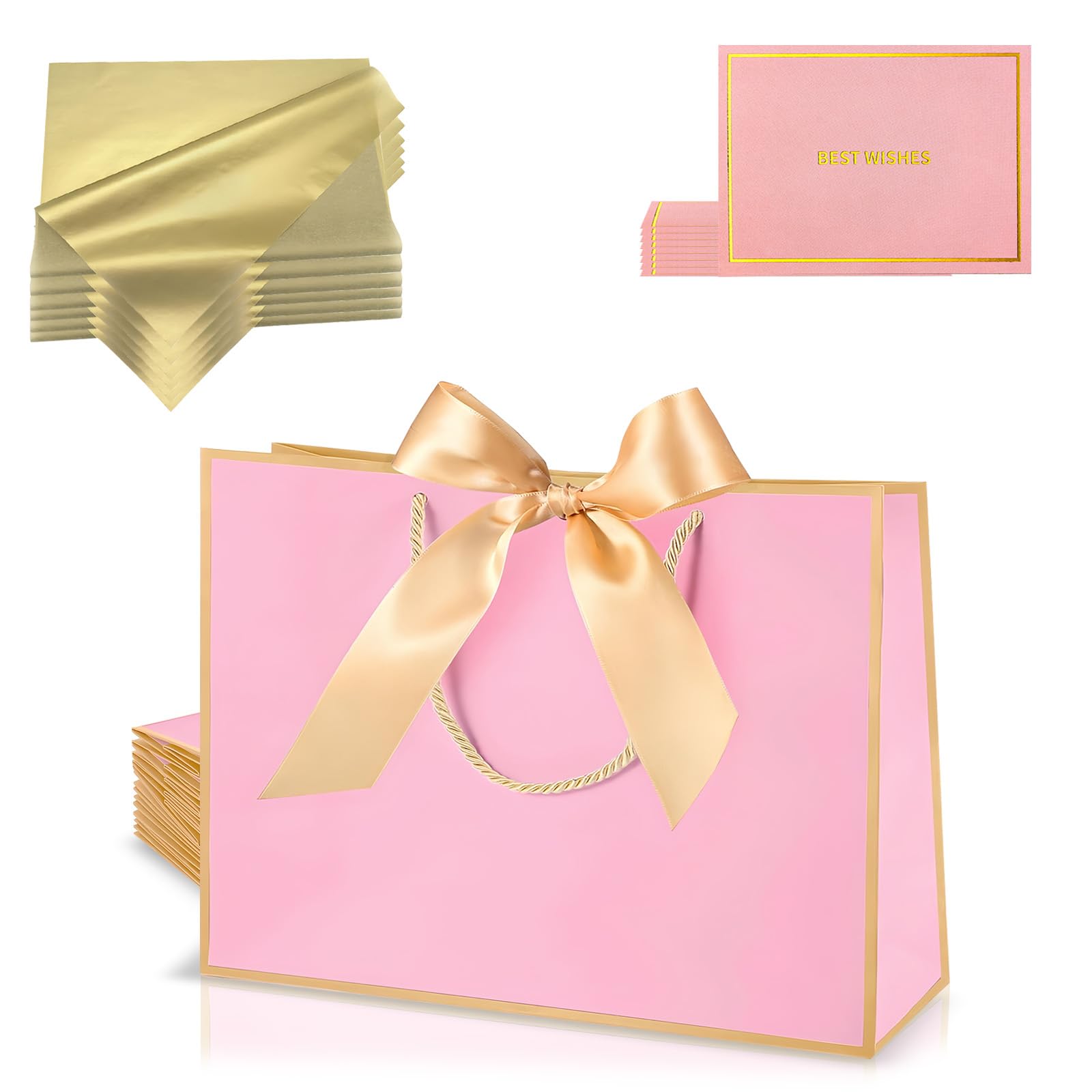 Pink Gold Gift Bags Medium for Present,6Pcs Birthday Gift Bag with Tissue Paper Gift Cards,Paper Bags with Handles for Girls Women Bridesmaid Christening Wedding Thank You Valentines Christmas Party