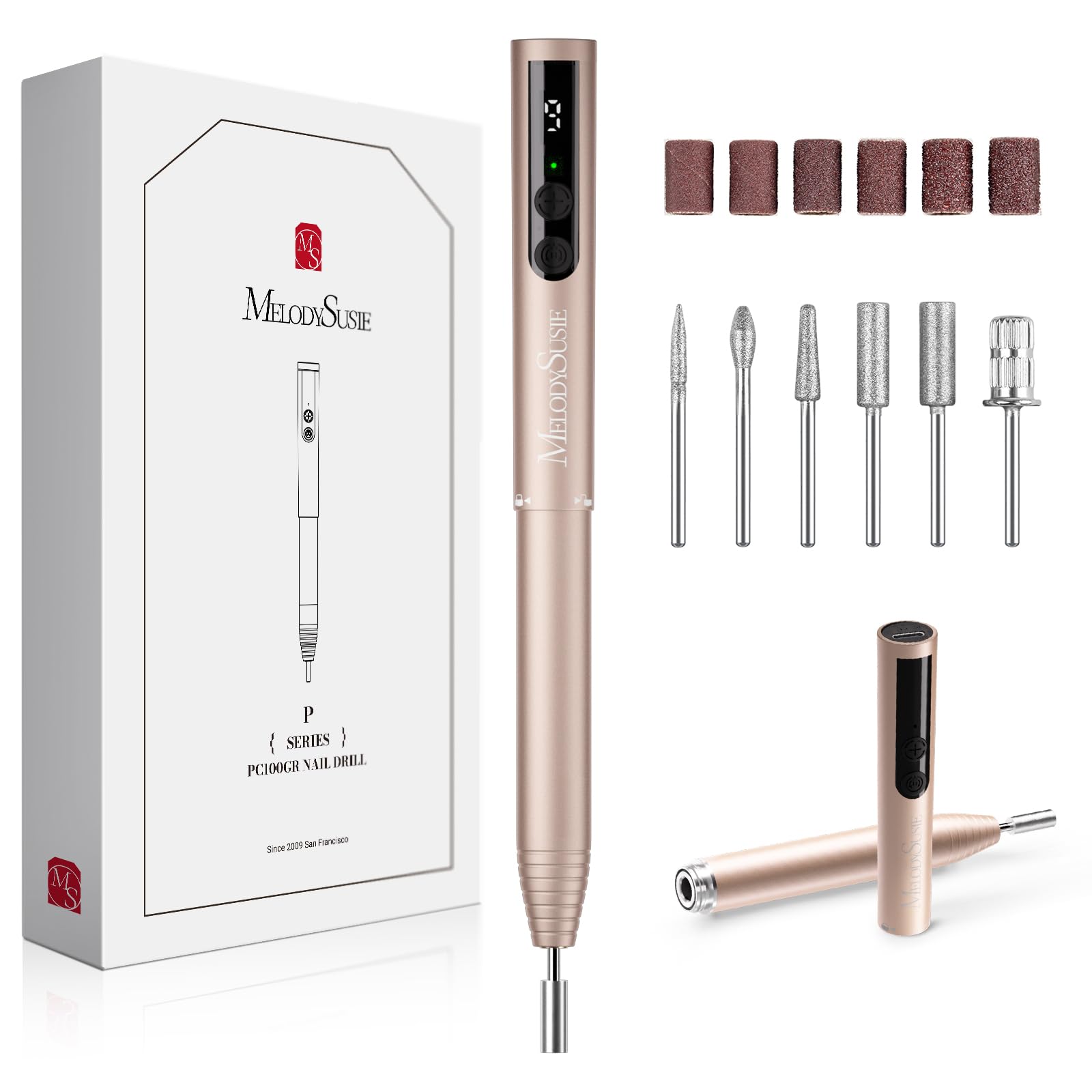 MelodySusie Nagelfräser Kabellos, Elektrische Nagelfeile Fräser für Gelnägel Acrylnägel, PC100GR Nail Drill 20000 U/Min, Verstellbarer Geschwindigkeit, Maniküre Pediküre Set (Gold)