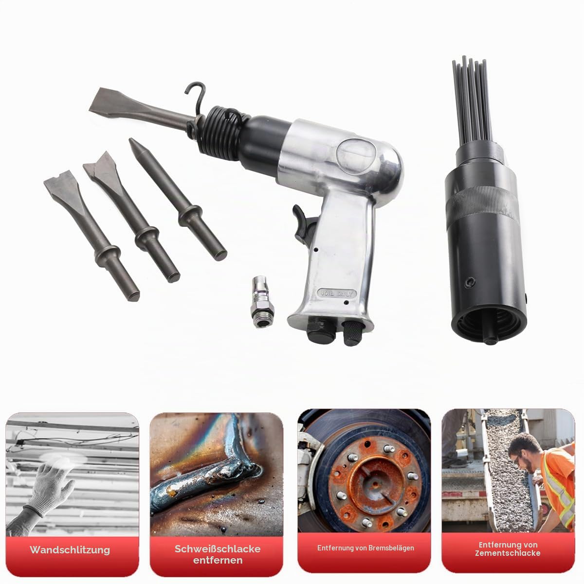 Drucklufthammer Druckluft Meißelhammer Set 4-tlg Meißel Set Meißelsatz und Nadelentroster für Stein + Metall, Druckluftmeißel Druckluft Hammerschaufel Werkzeug