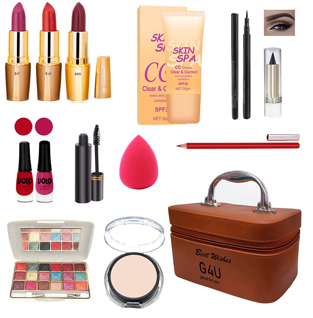 G4U All in One Makeup Kit Gift Set,Eyeshadow,Eyeliner Pen,Foundation,3 Lipsticks,Kajal,Lip Liner,Puff,Mascara,2nail Polish,Compact,Perfect for Party Wedding makeup With Makeup Box(Set Of 14Pcs) ST 91