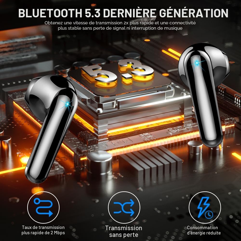 Ecouteurs Bluetooth sans Fil, Écouteurs Bluetooth 5.3 avec HiFi Stéréo Basses Casque, 50H Récréation, 4 ENC Réduction de Bruit Mic, Oreillette Bluetooth Sport IP7 Étanche, Écran LED, pour iOS Android