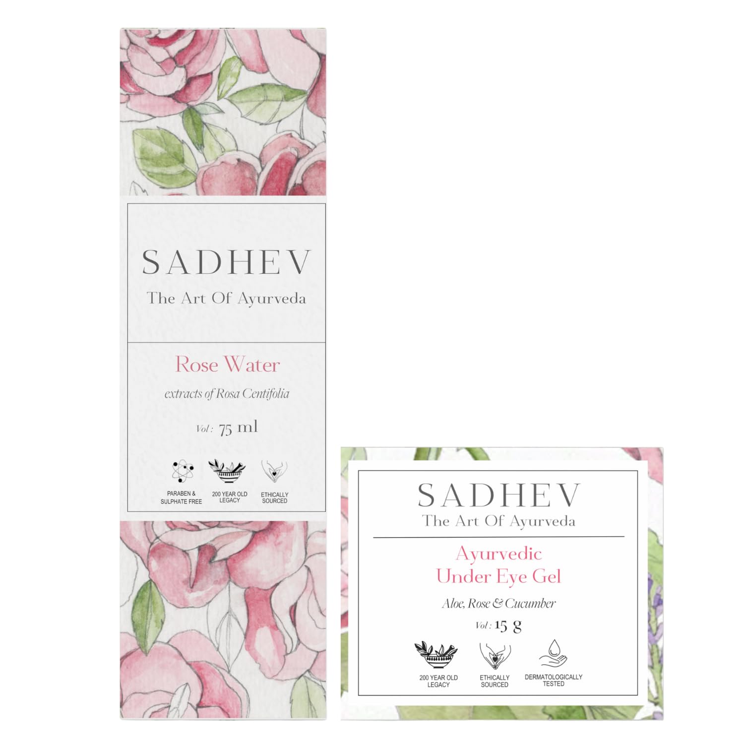 sadhev eye care combo for dark circles & puffy eyes | ayurvedic rose water toner 75ml + under eye gel 15gm | hydrates, soothes & refreshes tired eyes | helps reduce dark circles, puffiness & fine line