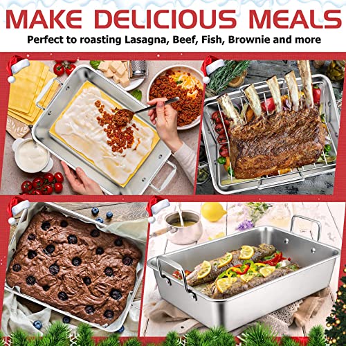 Large Turkey Roasting Pan With Rack, Joyfair 15.3 Inch Stainless Steel Chicken Roaster Pan And V-Rack For Oven, Rectangular Bakeware With Sturdy Handles, Heavy Duty & Dishwasher Safe, 2 Pieces #TOP5