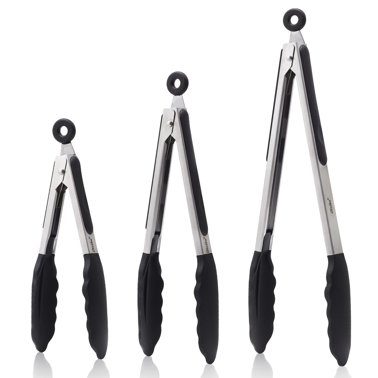 iNeibo Grillzange Küchenzange Zange Küche aus Rostfreim Edelstahl und Silikon Fleischzange Servierzange mit hitzebeständiger Silikongriff 3er-Set (30, 23, 18cm) Schwarz Ideal für Grillen, Kochen usw
