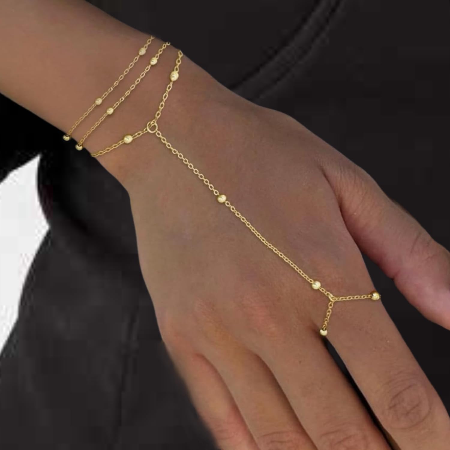 Hand Chain Bracelets for Women 14K Gold Dainty Trendy Cubic Zircon Finger Ring Bracelet Jewelry Accessories Gifts (Bead Layered) - Image 3