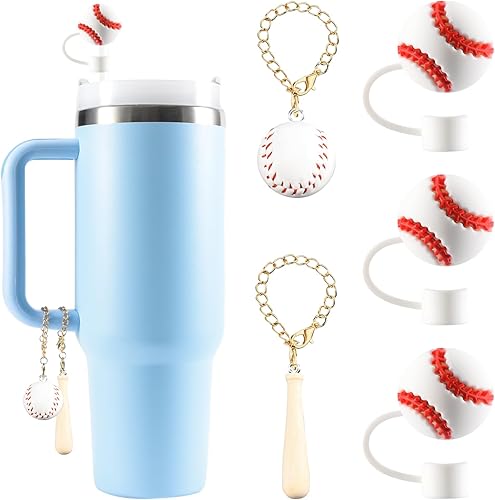 3 fundas de popote para Stanley Cup de 30 y 40 onzas, 0.394 in, tapa protectora de popote de silicona con 2 dijes de béisbol personalizados en 3D,