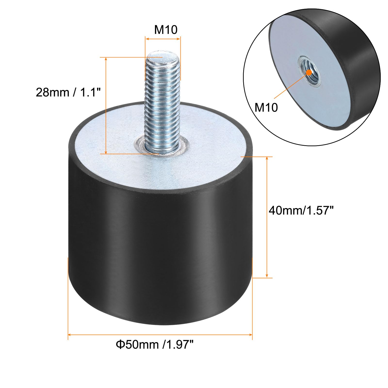 QUARKZMAN 4 Pezzi Supporti Antivibranti In Gomma M10x28mm Con Perno 50x40mm Filettatura Maschio Femmina Ammortizzatori Di Vibrazioni Zincati Supporti Filettati Con 4 Dadi Di Bloccaggio M10