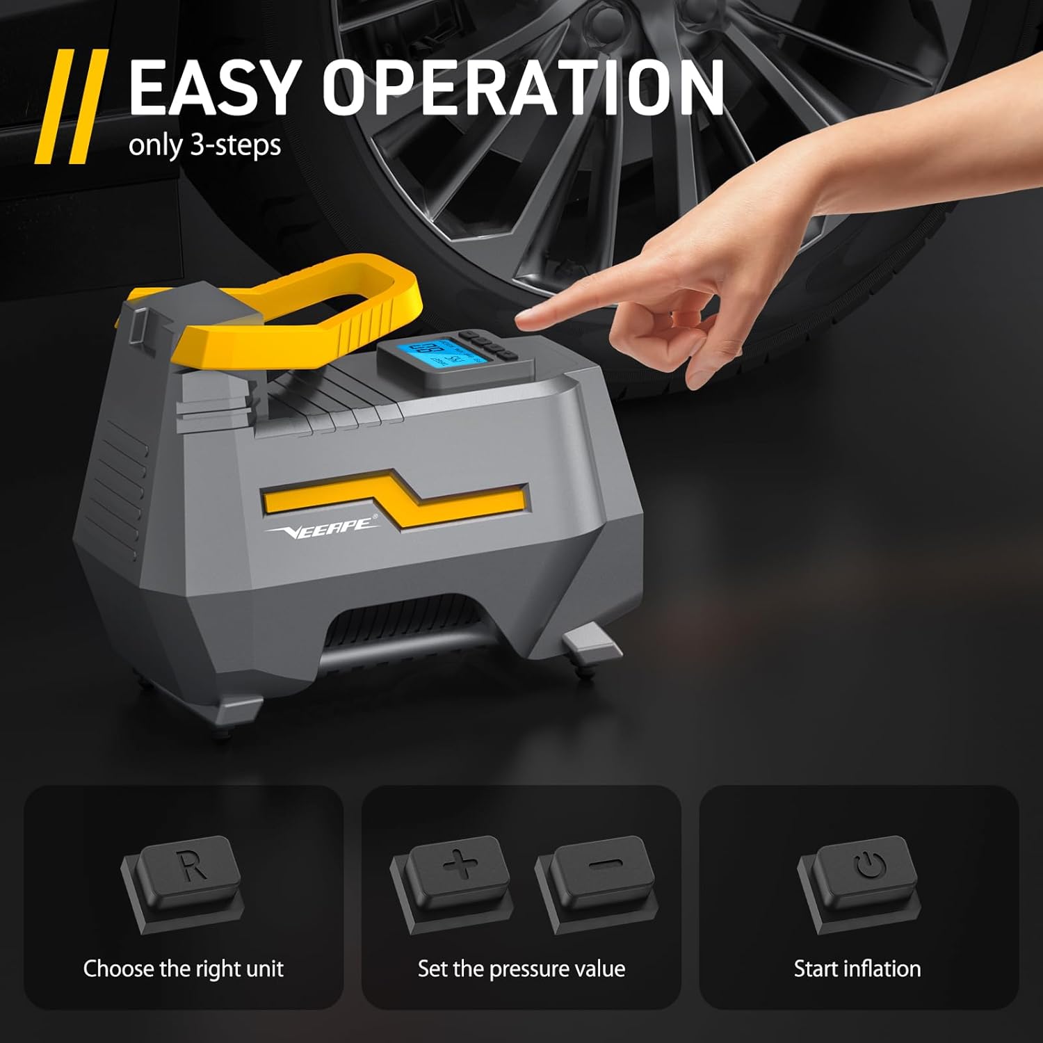 Diagram showing three steps for easy operation: Choose unit, Set pressure, Start inflation