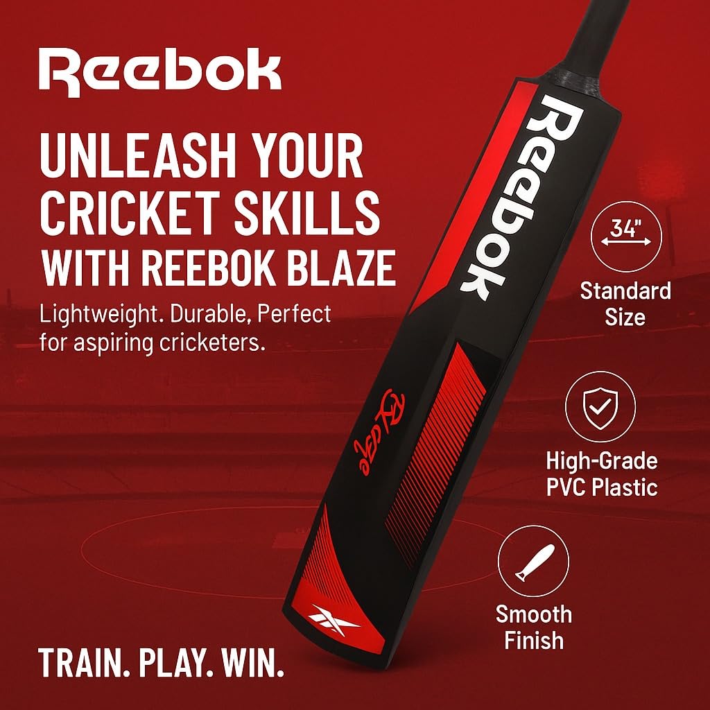 REEBOK Blaze Batte de cricket en plastique (86,4 x 11,4 cm) pour tous les groupes d'âge, batte de cricket en PVC/plastique de couleur rouge pour 15 ans et plus
