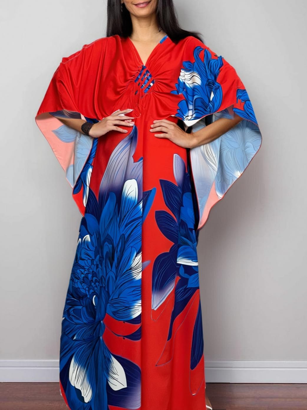 LOUSEA Kaftan Dress for Women Large Flower Print Cover Up Dresses Vneck One-piece Bathingsuit Cover Ups
