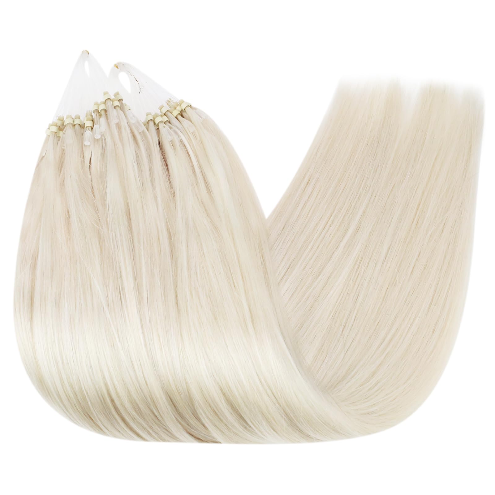 Ugeat Dopinki z mikro-ringami, prawdziwe włosy, blond, 45 cm, platynowy blond, gładkie, mikro-przedłużanie włosów, blond, miękki, mikro-ringi, dla kobiet, 50 g, 50 pasemek, 60 A