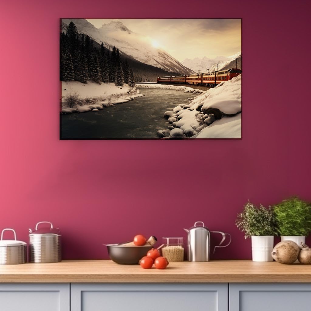 Canvas for Living room. Golden Rails Beside Crystal Waters: A Vintage Journey Through Winter's Splendor, 27 x 18 inch Canvas Wall Art - Retro Home Decor - 69x46 cm (27x18 inch)