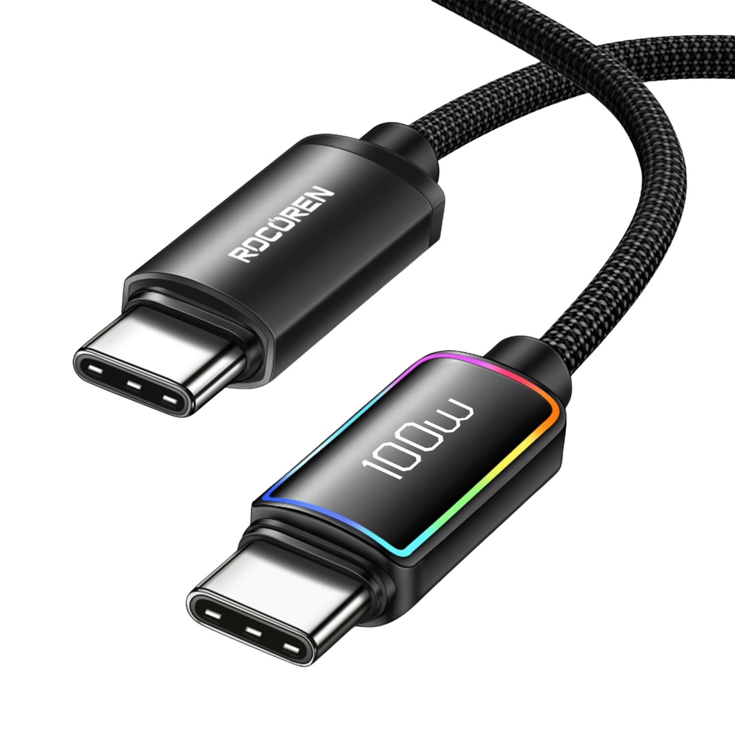 Rocoren 100W Type-C to Type-C RGB Aydınlatmalı Örgülü Şarj ve Data Kablosu 2 Metre