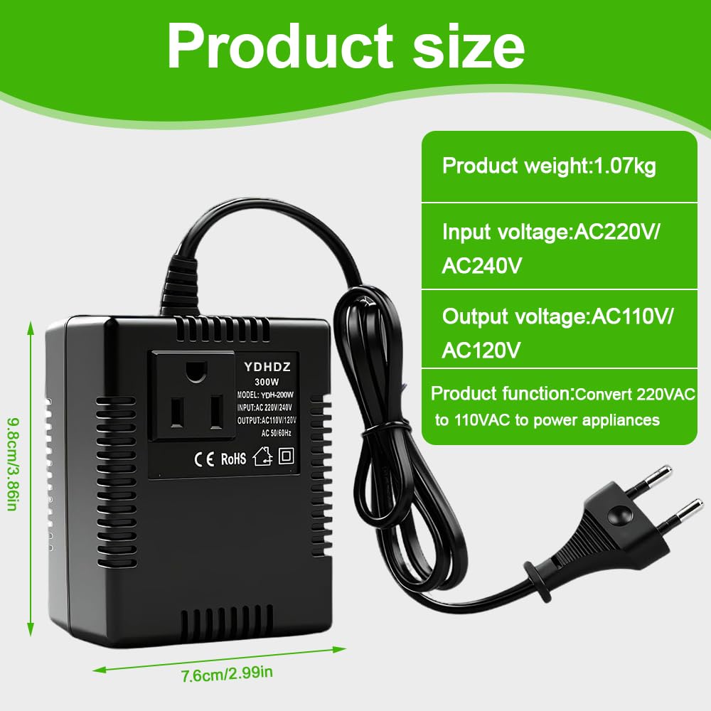 Spanningsomvormer, transformator, 220 V naar 110 V, 300 W stap omlaag, stroomconverter, netadapter, reisstroomadapter, spanningsomvormer, EU- stekker
