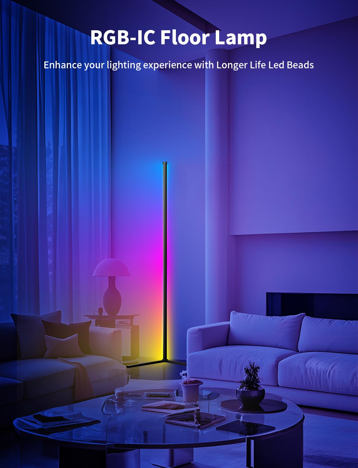 Lampa stojąca LED, 159 cm, RGB, ściemniana za pomocą pilota zdalnego i aplikacji, 16 milionów kolorów, synchronizacja muzyki i timer, DIY lampa stojąca LED (159cm Bluetooth)