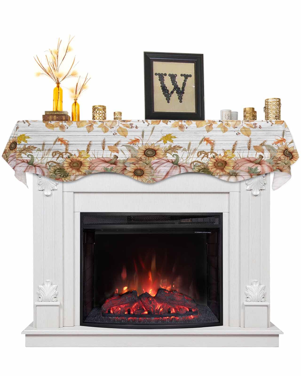 EwdeWwo Fall Mantel Scarf For Fireplace - Blue Leaf Pumpkin Wood Grain, 17 X 90 Inch, Thanksgiving & Autumn Decor - View #7