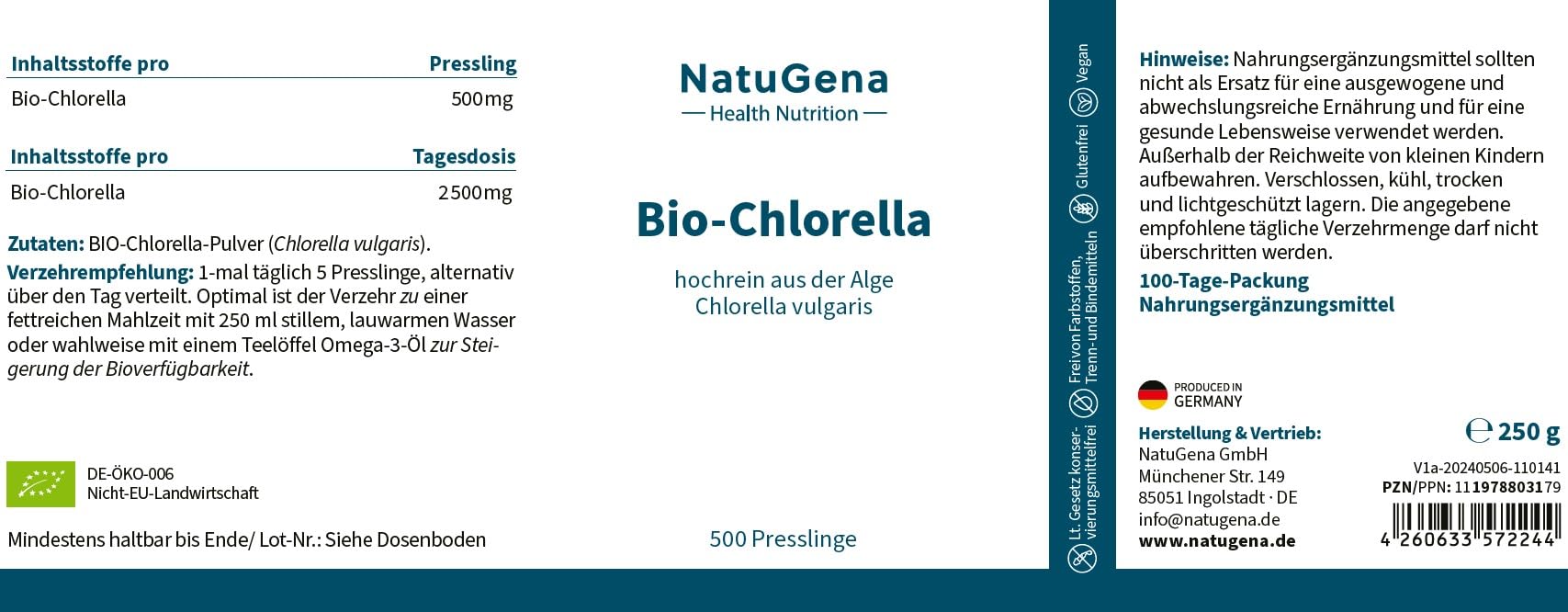 NatuGena Bio-Chlorella 2.500 mg hochreines Bio-Chlorella pro Tagesdosis, ohne künstliche Zusatzstoffe, ideal für Veganer und Vegetarier, 500 Presslinge (100 Tage Packung)