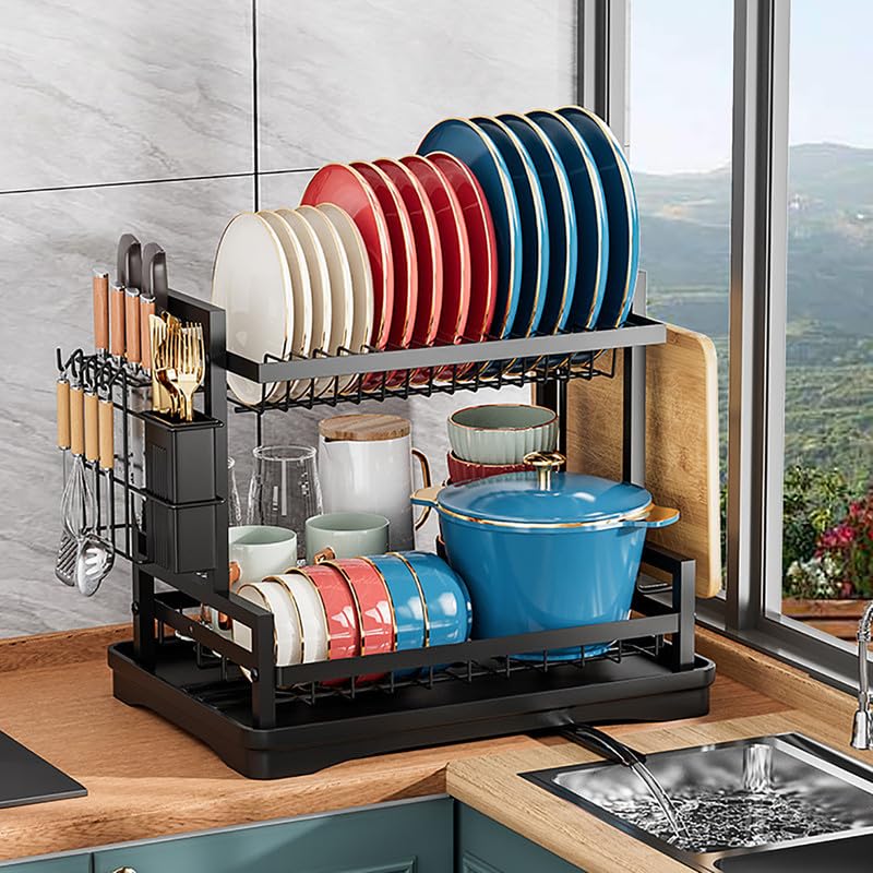Escurreplatos sobre El Fregadero, Escurridor De Acero Al Carbono De Gran Capacidad, Organizador De Cocina Multifuncional De 2 Niveles Y Almacenamiento para Platos, Cuencos Y Cubiertos