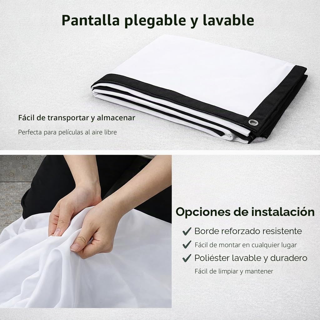 Japard - Pantalla de proyección de 200 Pulgadas para Interior y Exterior, 4K Full HD 3D 16:9 de Doble Cara, Plegable, portátil, Montaje en Pared, Colgante, Extra Grande, para películas en el Patio