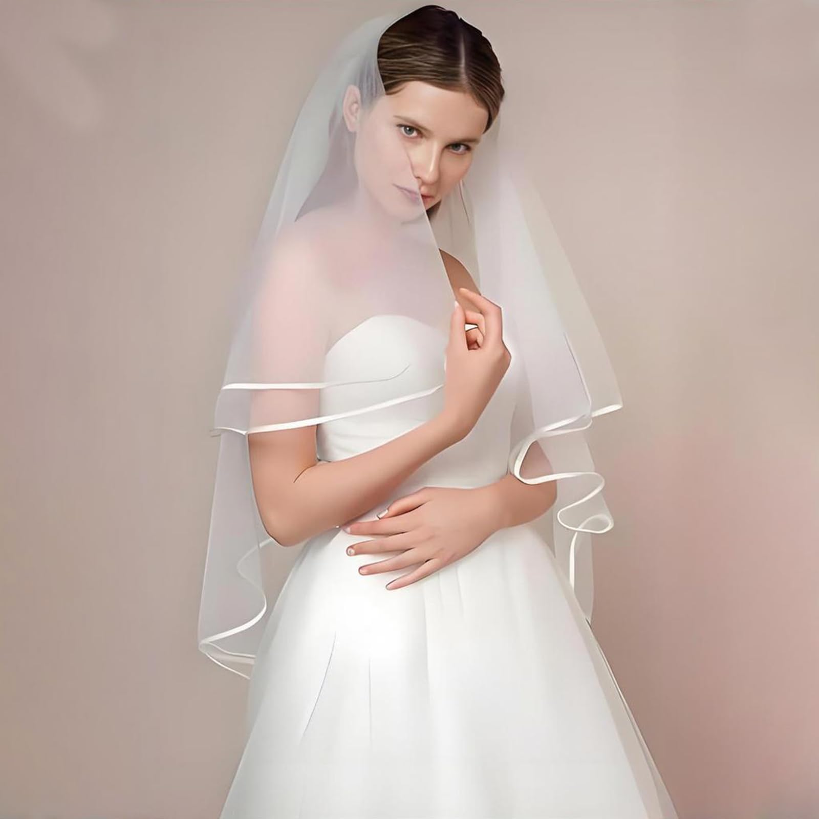 Velo de Novia Blanco, Velos Novia, Velo de Novia Blanco con Peine 2 Niveles, 60-80 cm, para Bodas