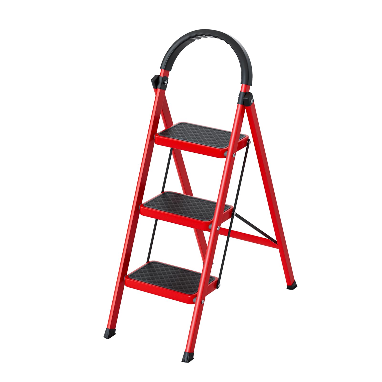 Folding 3 Step Ladder, Durable Steel, Non-Slip Feet and Steps Support 150 KG Capacity, Lightweight, Easy to Store, Ideal for DIY, Decorating, Home Use and RV Outdoor Work (Red)