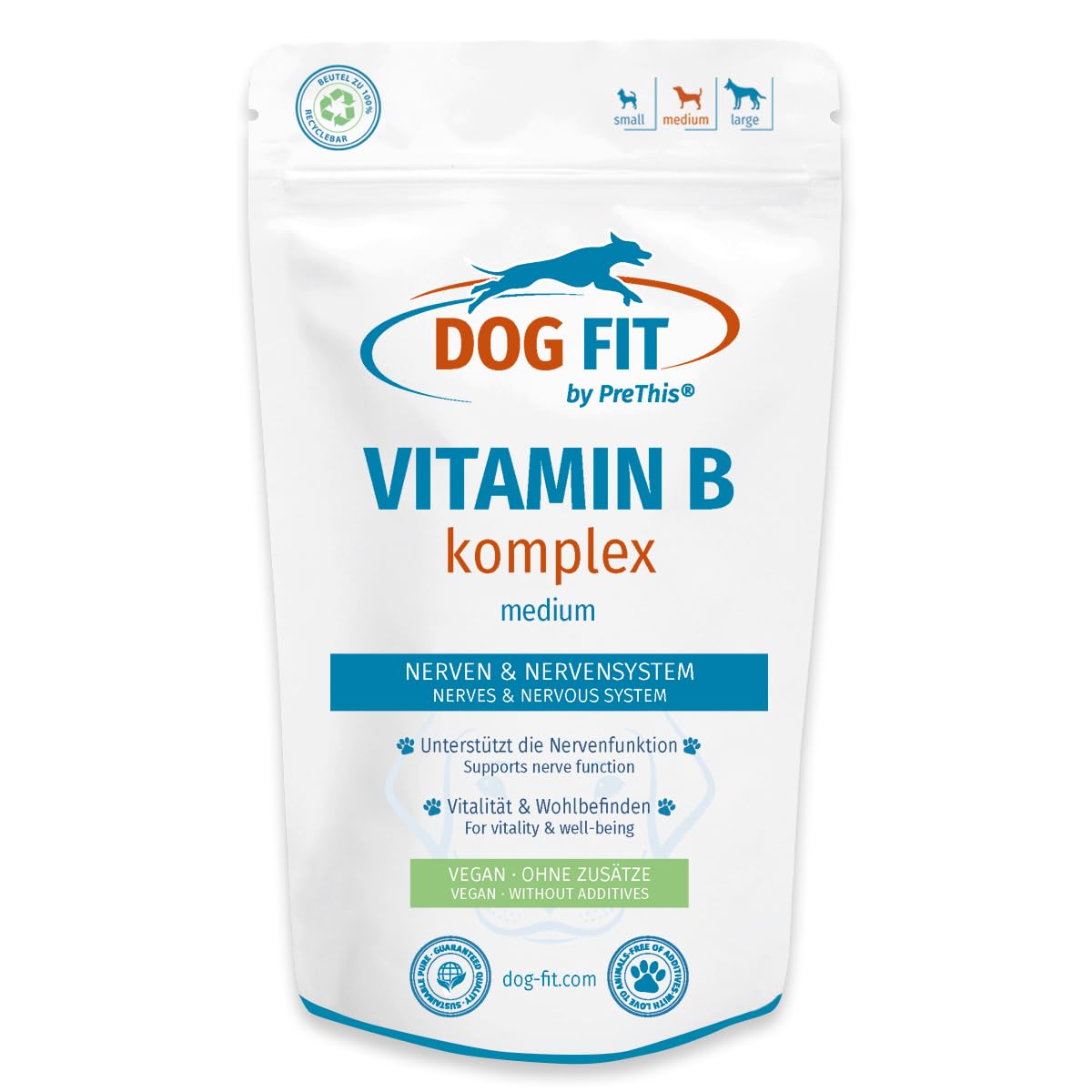 DOG FIT by PreThis® Vitamin B Komplex für Hunde | Alle 8 B-Vitamine (B1, B2, B3, B5, B6, B12, Biotin & Folsäure) | Unterstützung von Nervensystem & Energiestoffwechsel I medium 10-25 kg
