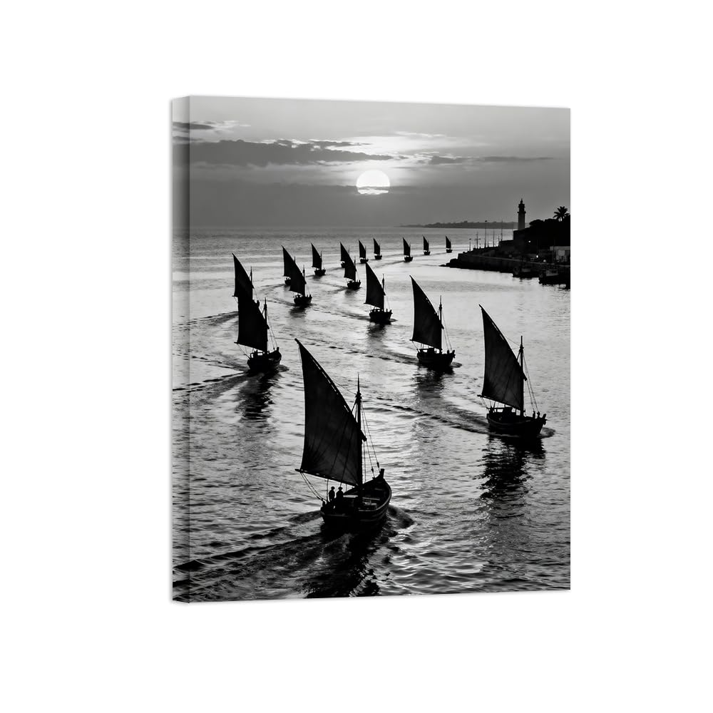 OZPWBVY Black White Landscape Wall Art. Sea Boat. Picture 70x90cm Unframed