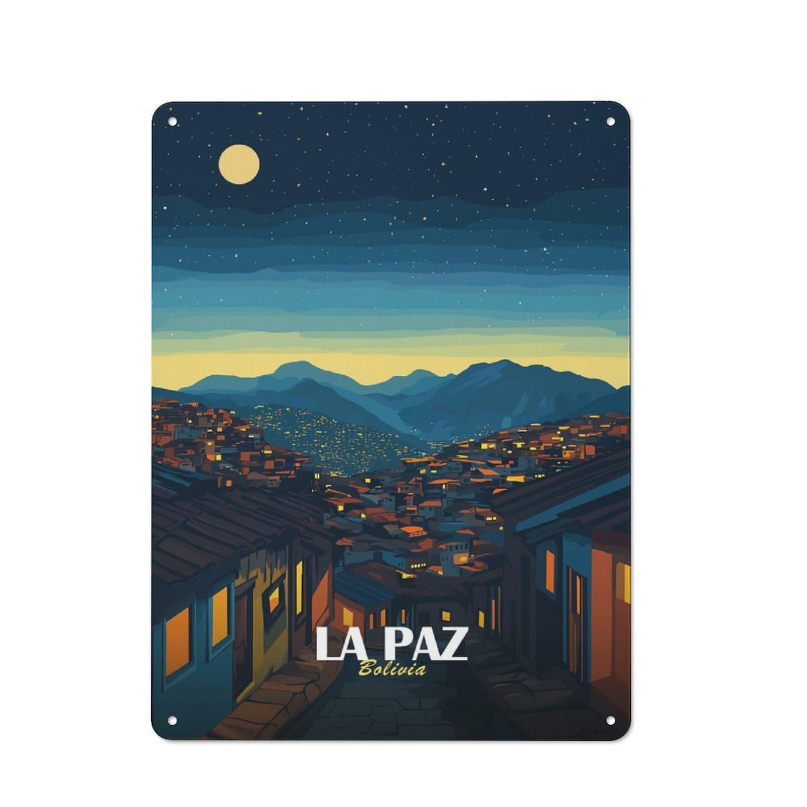 La Paz, Bolivia Nightscape Illustration Farmhouse Metal Sign 40x30cm, Rustic Cottage Wall Art for Cottage, Kitchen, Hallway Or Breakfast Nook