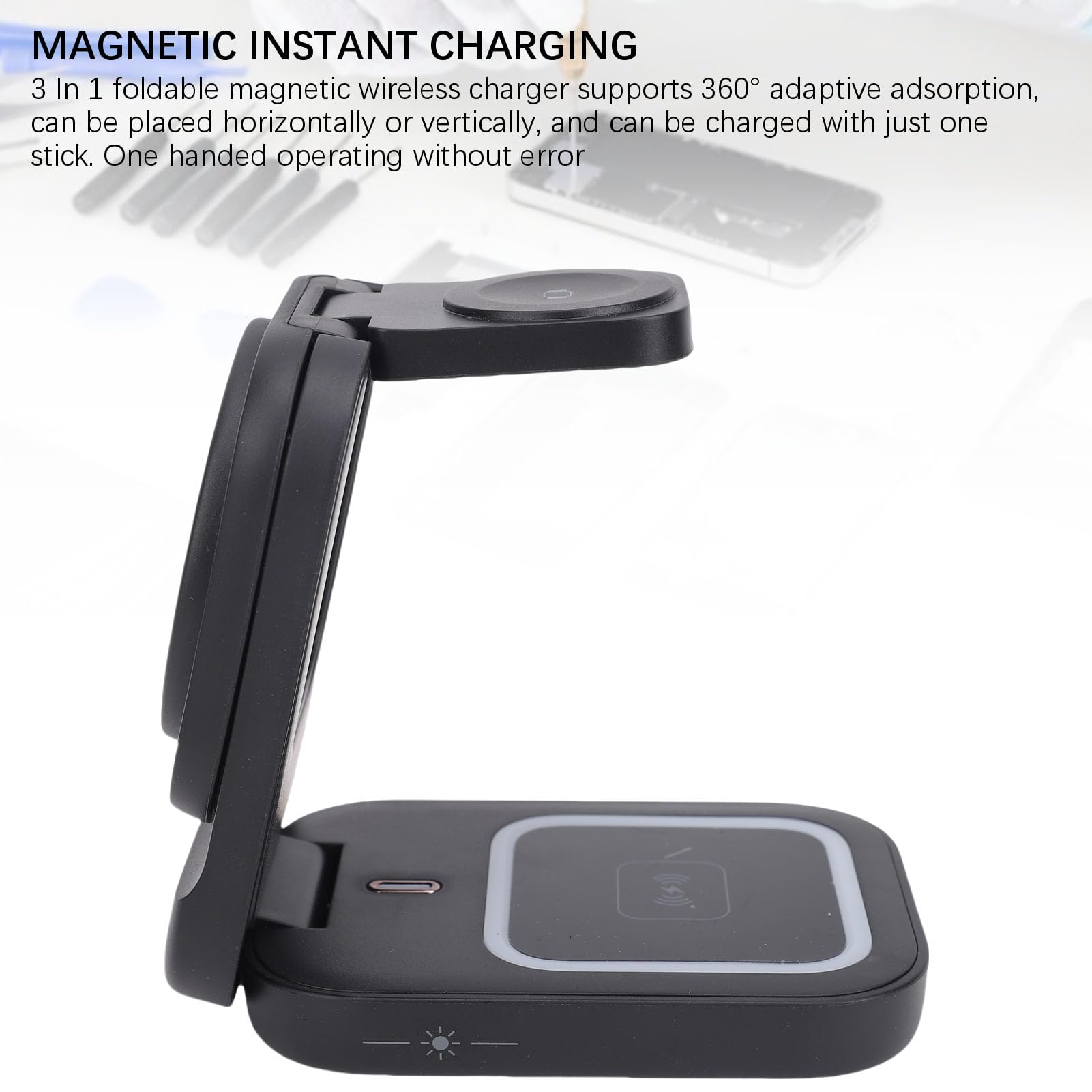 Fockety Caricatore Wireless 3 in 1, Supporto Magnetico Pieghevole a | con luce notturna ambientale, per telefono, auricolari, smartwatch, ufficio in casa, comodino
