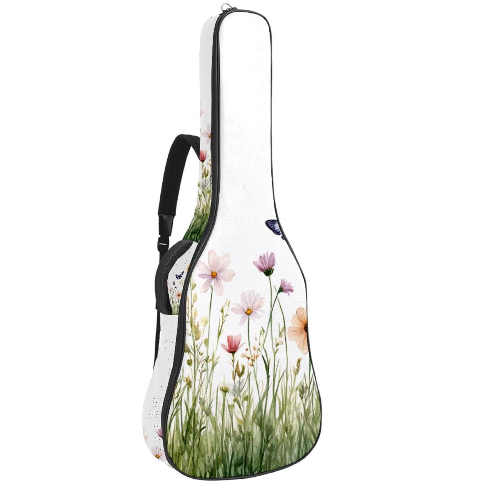 Acoustic Guitar Bag, Soft Guitar Case with 2 Pockets and Back Hanger Loop for 40 41 42 Inch Electric Bass Classical Guitars, Watercolor Wildflowers Herbs and Grass