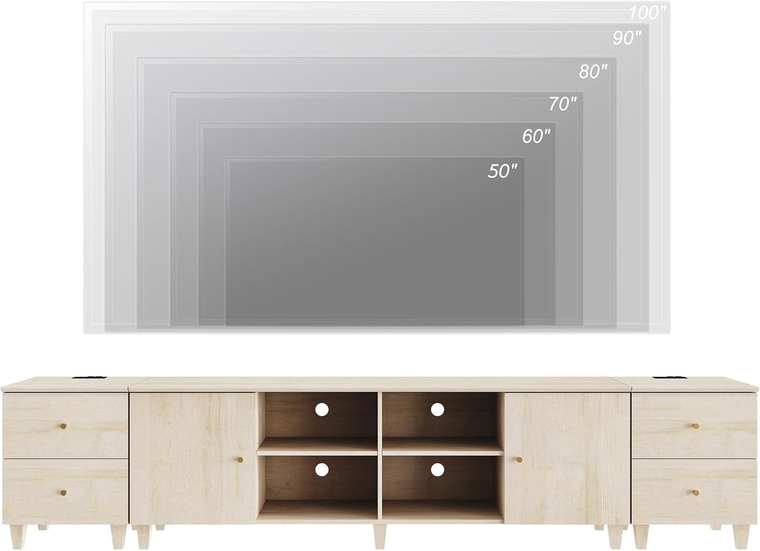 WAMPAT 3-in-1 TV Stand w/Doors&Charging Station, 105" Modern Wood Entertainment Center Media Console for 110+ inch TVs, TV Cabinet w/Shelves&4 Drawers for Living Room, Bedroom, Light Oak