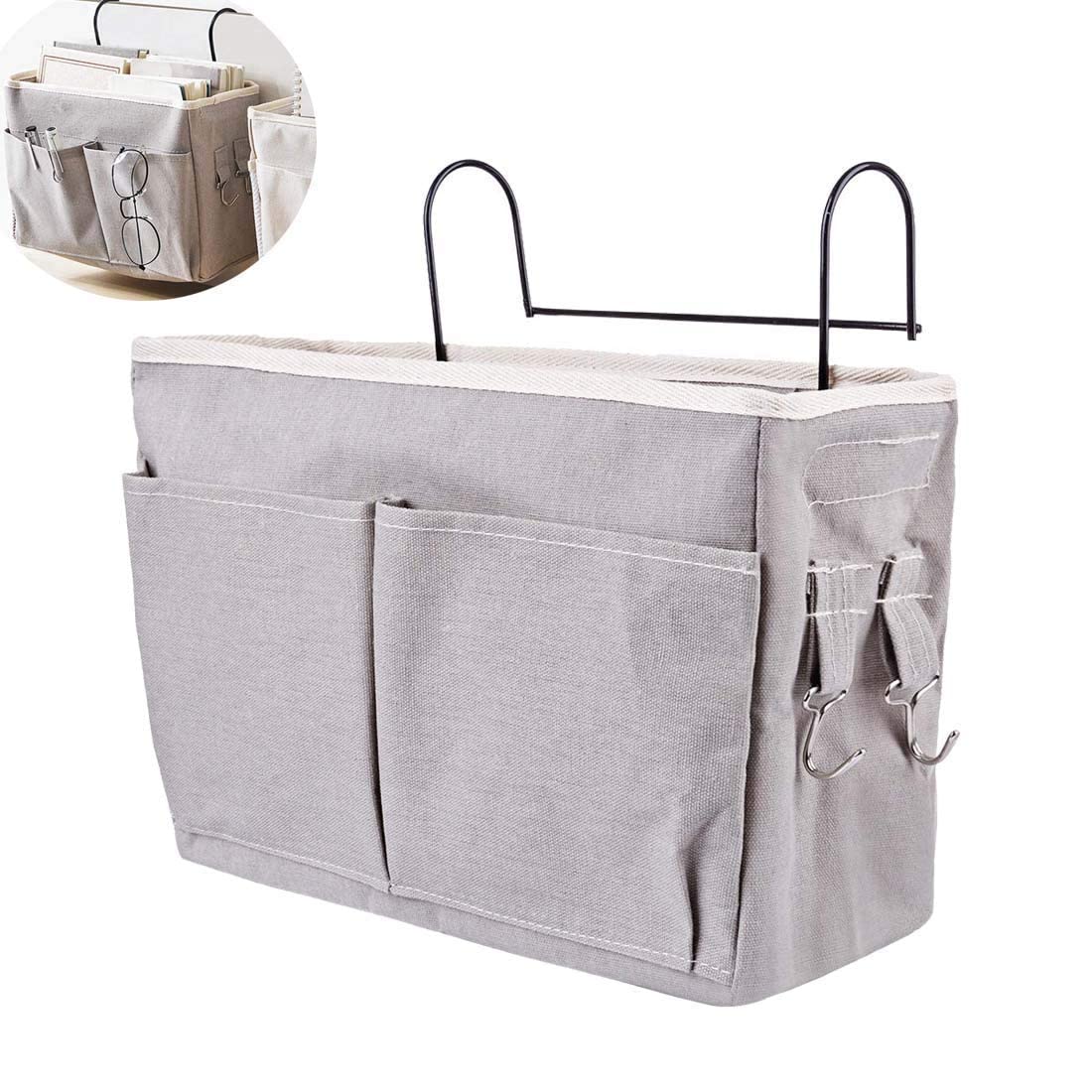 K.B. SALES Bedside Clothing Organizer Hanging - Premium Cotton And Linen Bunk Bed Storage With Metal Hooks - Large Capacity Dormitory Bedroom Bedside Storage For Books, Phones, Remote Control - Grey