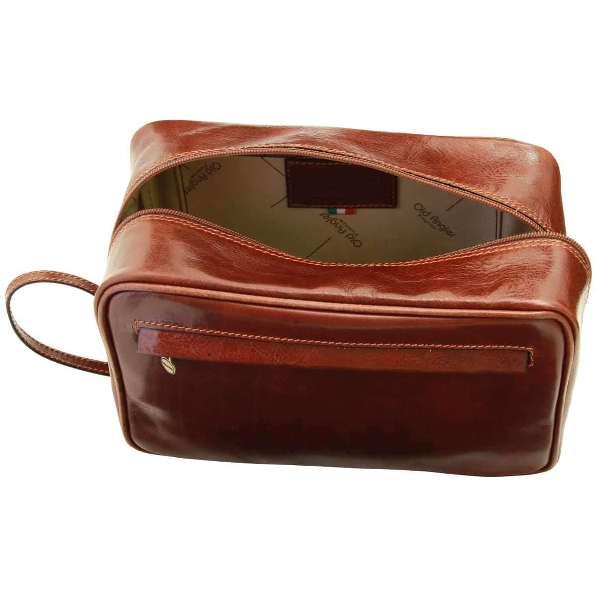 Beauty in Pelle Marrone, Borsa da Toilette da Viaggio con Cerniera e Manico Laterale