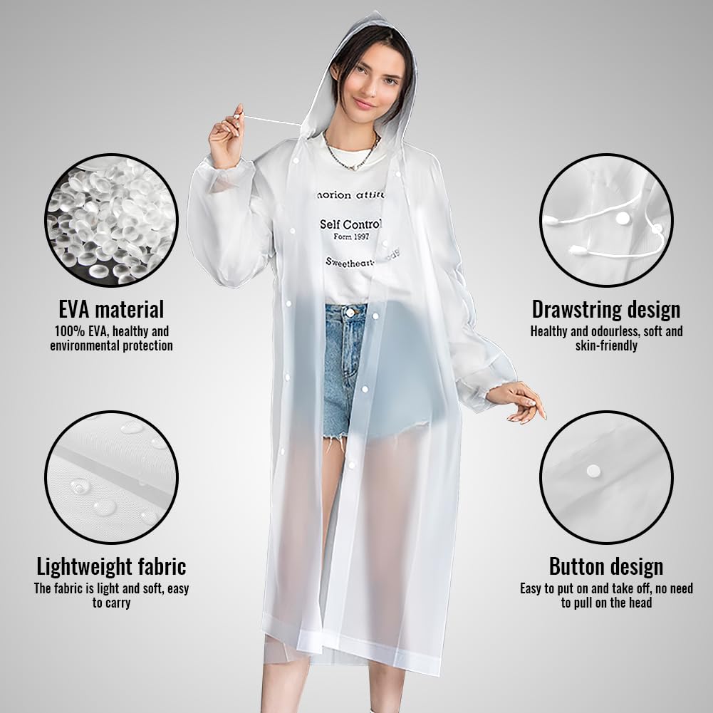 CHGANG Rain Ponchos, EVA Portable Adults Waterproof Ponchos, Reusable raincoat with Hoods for Camping, Hiking Travel, Amusement Parks, Festival, White, One Size 1