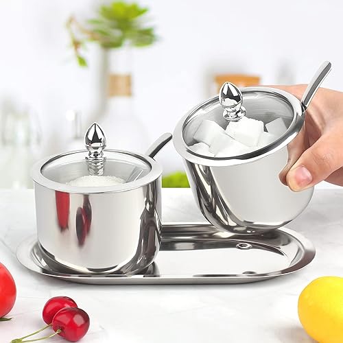 Miniatura 3 de Azucarero de acero inoxidable con tapa cuchara y bandeja, cuenco de azúcar brillante pulido, para servir azúcar, adecuado para el hogar y la cocina,