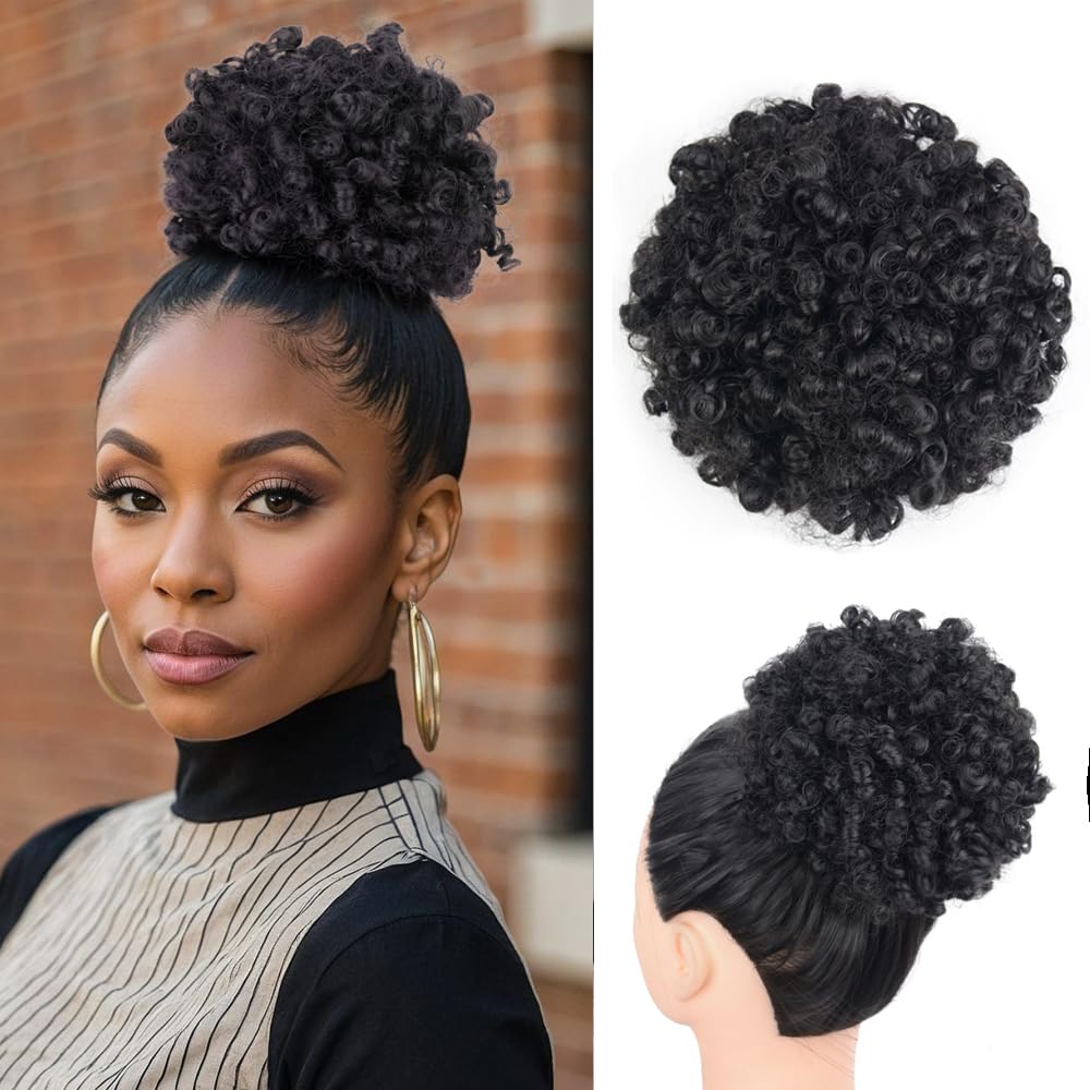 ZIRANJUAN Synthetic Afro Puff Ponytail Extension Curly Wavy Drawstring Clip In Hair for Black Women 1B Black