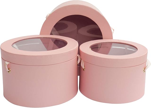 Emartbuy Set of 3 Rigid Luxury Round Presentation Flower Gift Box, Pink Print with Transparent Top, Double Layer Interior and Pink and Gold Satin Ribbon Handles