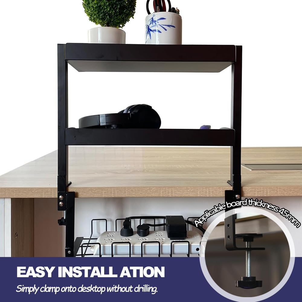 Organisateur de Bureau à Pince avec Plateau de Gestion des Câbles sous Le Bureau, Étagère de Bureau à Pince à 2 Niveaux avec Plateau de Rangement Réglable pour Accessoires de Table