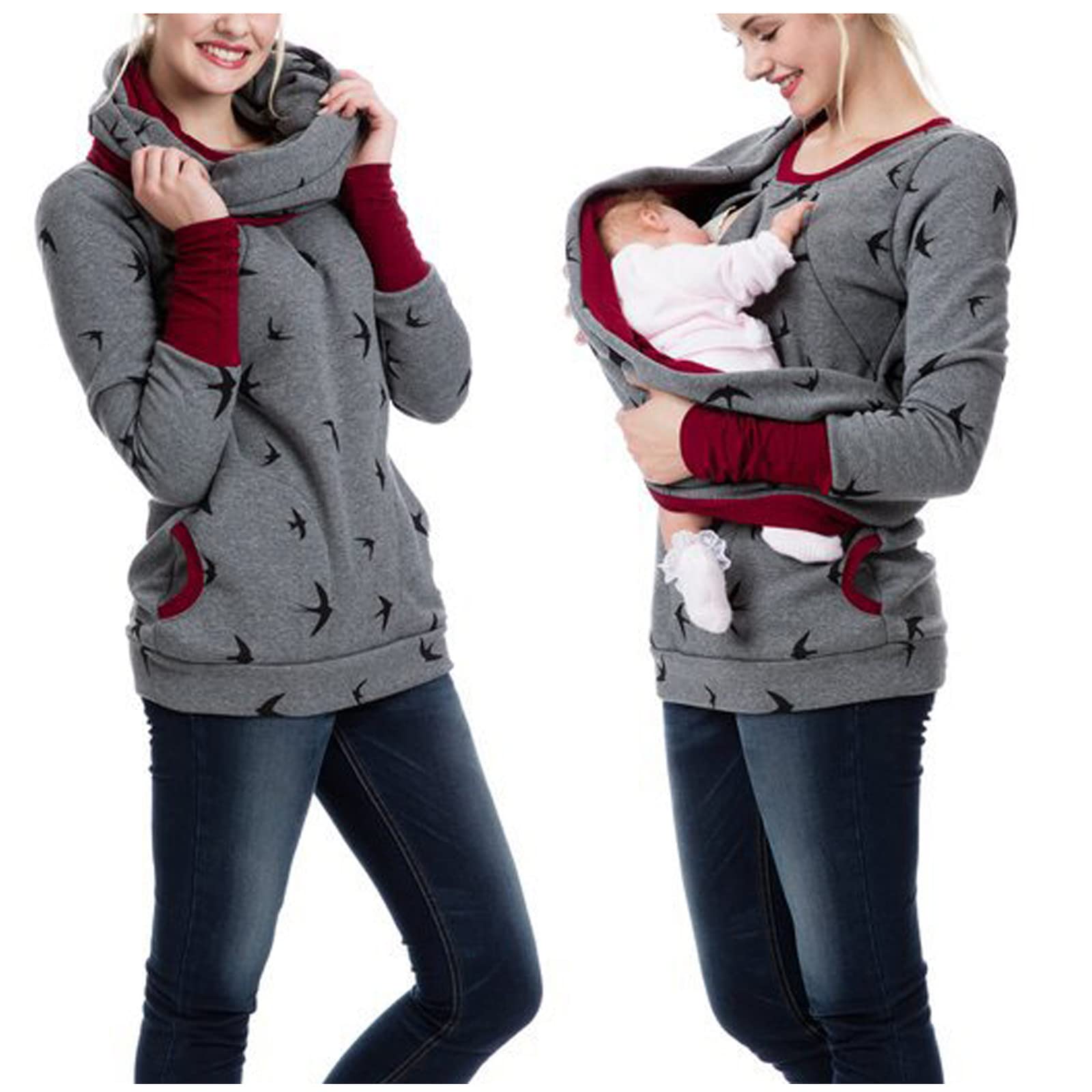 Damen Umstandsshirt Langarm Pullover Stillshirt Elegant Sweatshirt Mutterschaftsanzug + Schal Umstandstops Schwangerschafts Oberteil Schwanger T-Shirt Umstandsmode Langarmer Stillender Bedrucktes