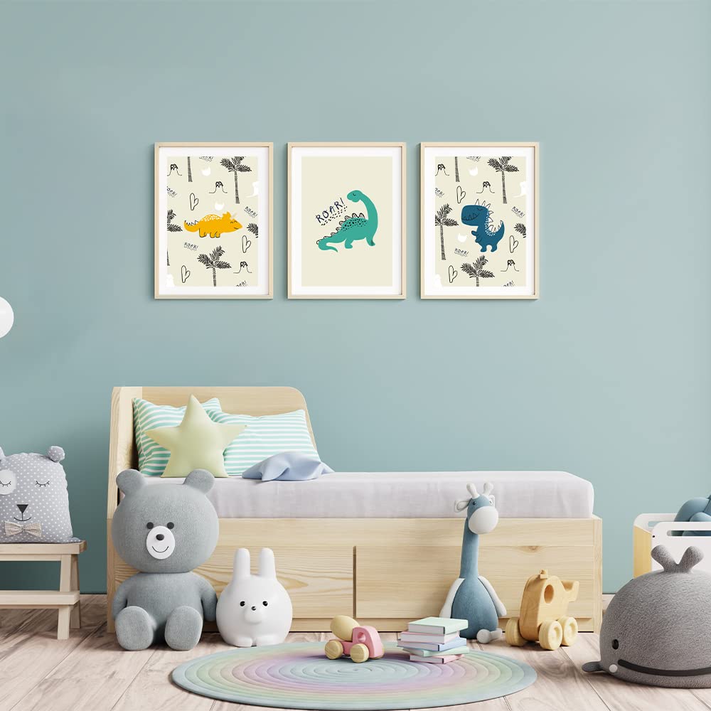 MeinBaby123 Póster de dinosaurio para habitación infantil, juego de 3 dinosaurios, DIN A4, imágenes para habitación infantil, imágenes decorativas de dinosaurio, decoración para habitación de bebé