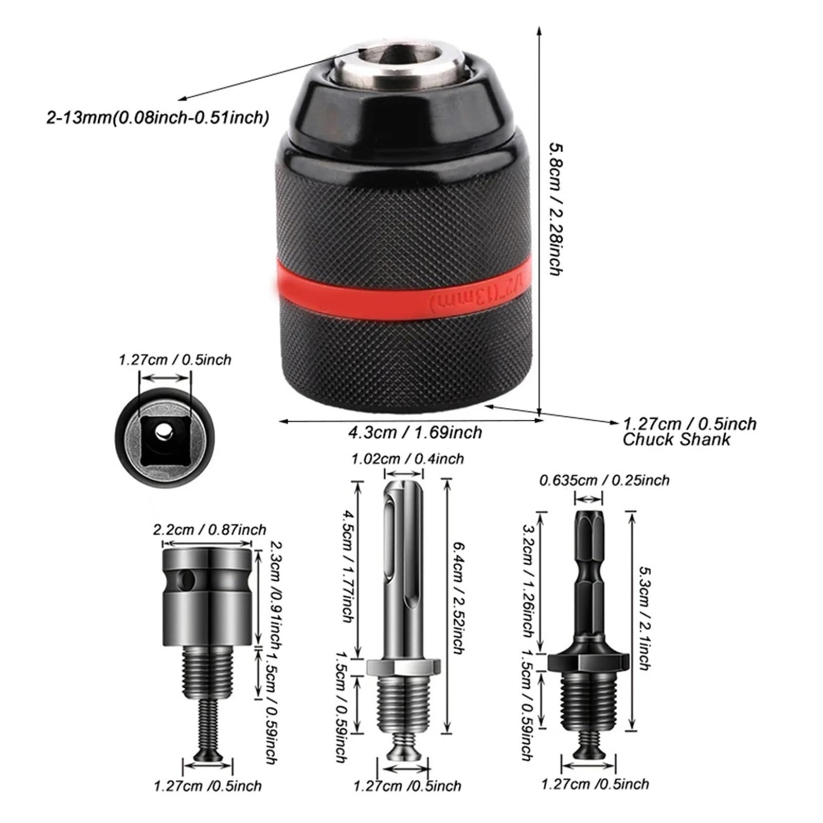 Mandrino autoserrante da 2mm-13mm, cricchetto autobloccante a 3 griffe filettato 1/2-20UNF, for rubinetto e presa for cacciavite(Chuck and Adapter)