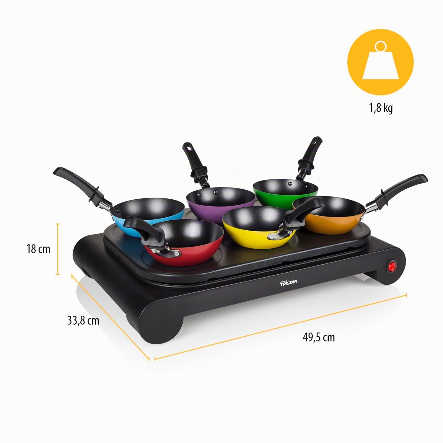 Tristar Set wok para 6 personas con sartenes de colores – Parrilla eléctrica multifunción con moldes para pancakes, revestimiento antiadherente, ideal para cenas familiares y reuniones sociales