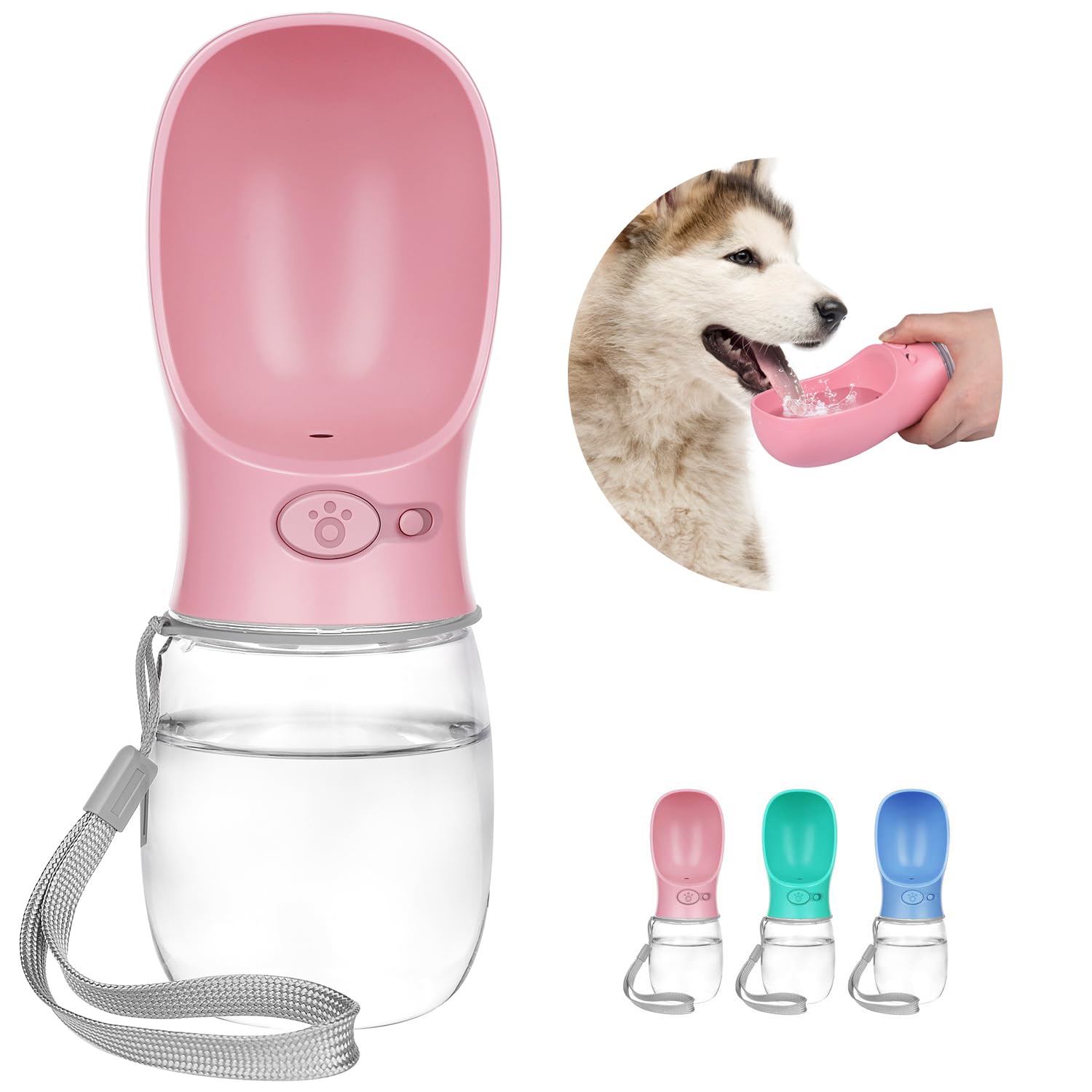 Yicostar Dog Water Bottle, Leak Proof Portable Dog Water Bottle for Walking Dog Water Dispenser with Drinking Feeder for Pets Outdoor, Travel, Hiking Food Grade Plastic(12oz, Pink)