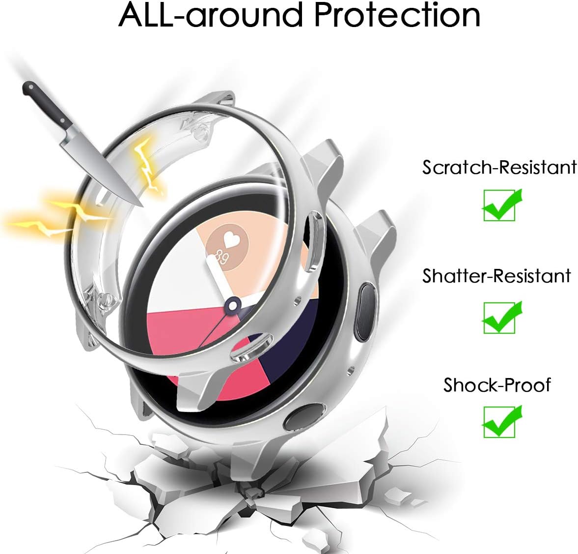 3 Pack Compatible Samsung Galaxy Watch Active2 40mm 44mm Screen Protector Case Cover,YiJYi Ultra Slim Soft Full Coverage Bumper[Sractch-Proof] Protection (Clear,Gray,Silver, Active2 44MM)